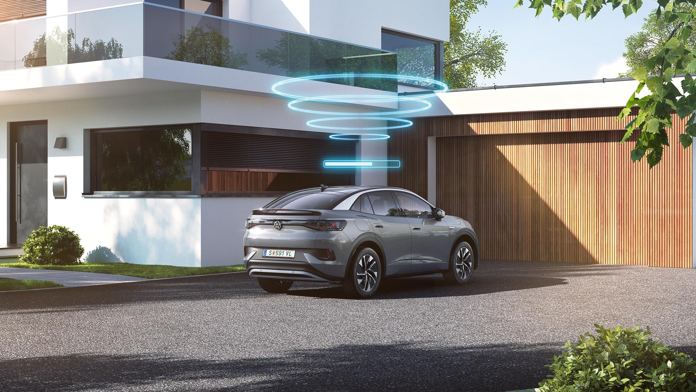 Grauer VW ID.5 in der schrägen Heckansicht parkt vor einer Garage, Kreise und ein Fortschrittsbalken symbolisieren ein Softwareupdate