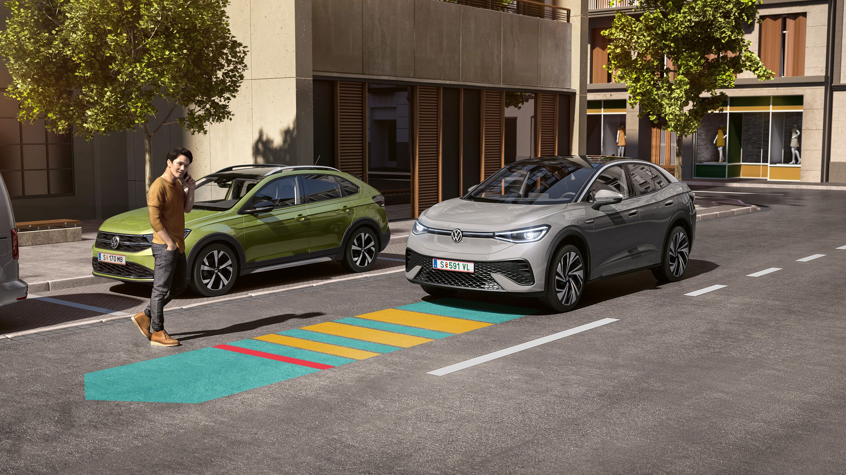 Illustration zeigt schematisch anhand eines VW ID.5 die Funktionsweise des Front Assist.